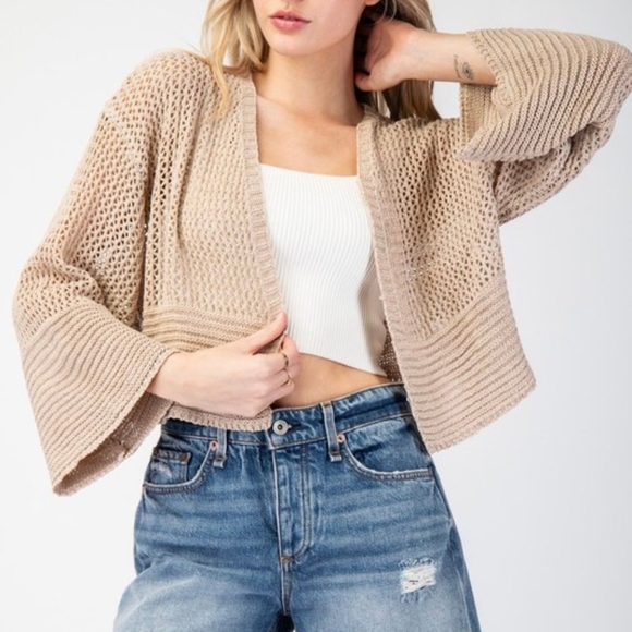 Anthropologie Juillet Cropped Cardigan Sweater With open-knit design - Picture 2 of 6